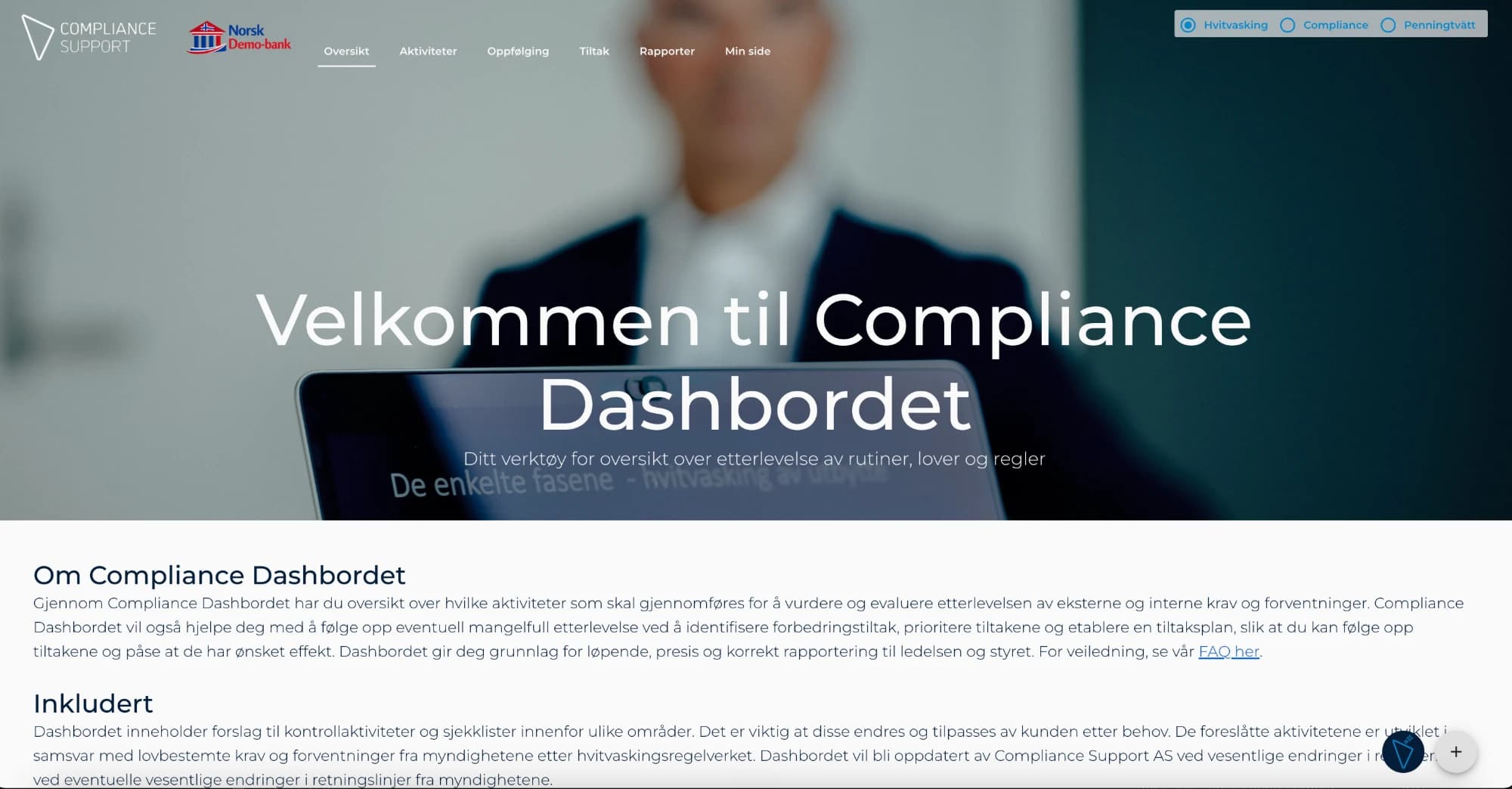 Compliance Dashbordet — velkomstside med oversikt over etterlevelse